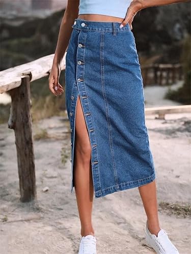 Women's High-Waist A-Line Denim Midi Skirt